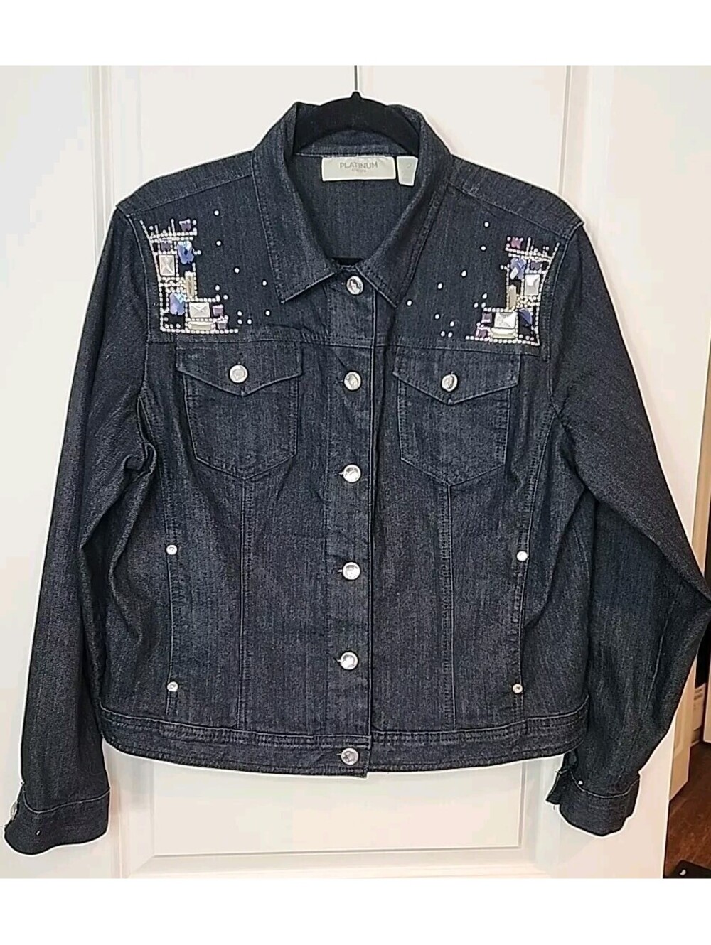 Chicos Platinum Denim Jacket Womens Sz 2 Large Rhinestone Buttons Bling NEW
